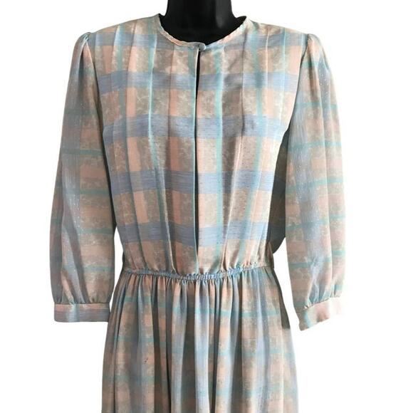 Vintage Jonathan Martin Dress, 1980s Light Blue Plaid Casual Dress Size Medium - Picture 2 of 6